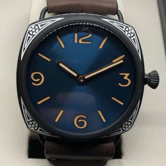Vintage Military Custom Carved 47mm Blue Dial Mechanical Sterile Watch Brand New - Picture 3 of 9